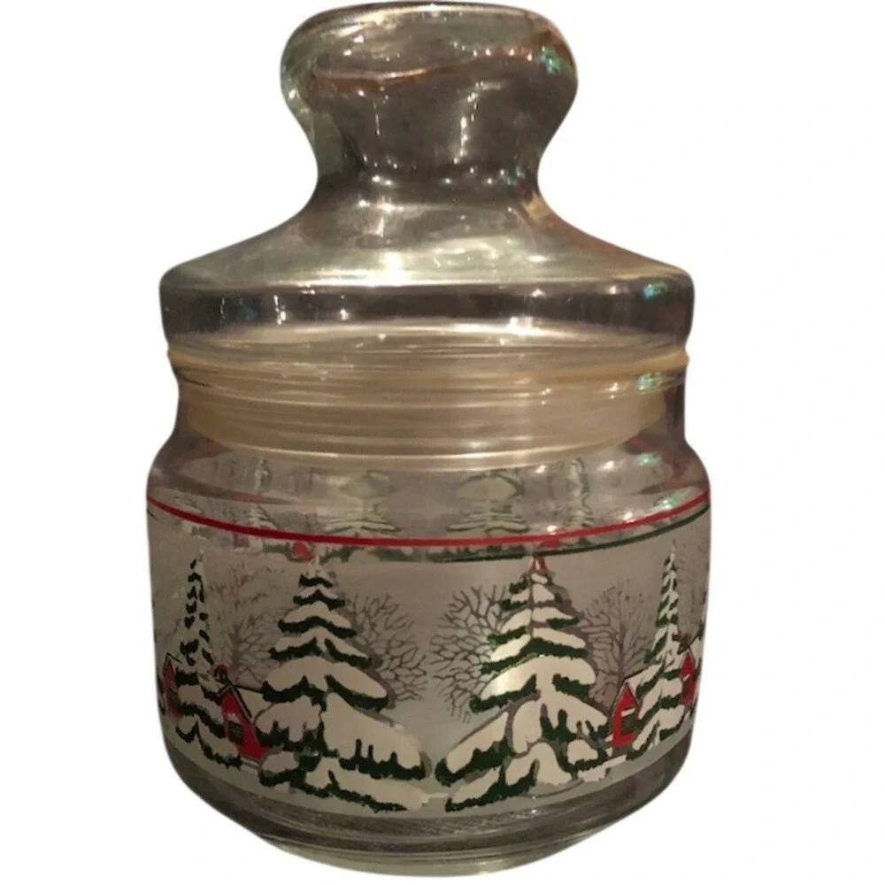 Vintage Christmas Glass Apothecary Jar Winter Village Snow Tree Candy Canister